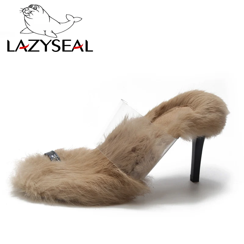 LazySeal меховые шлепанцы на высоком каблуке; женские летние меховые Вьетнамки; прозрачные женские шлепанцы; пляжные шлепанцы с открытым носком - Цвет: Khaki