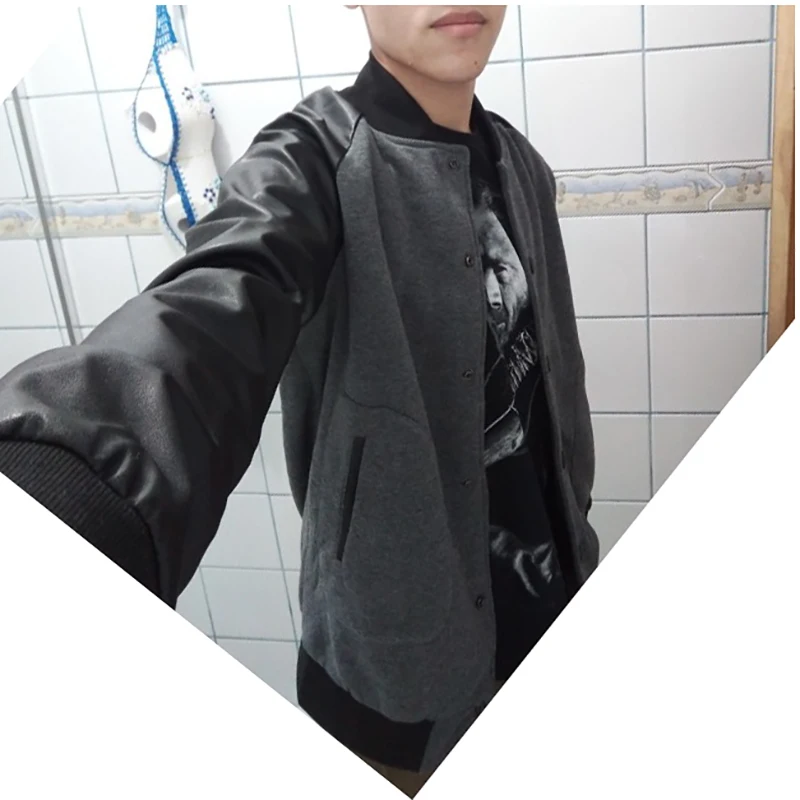 Крутая мужская бейсбольная куртка осень мода тонкий черный Pu кожаный рукав