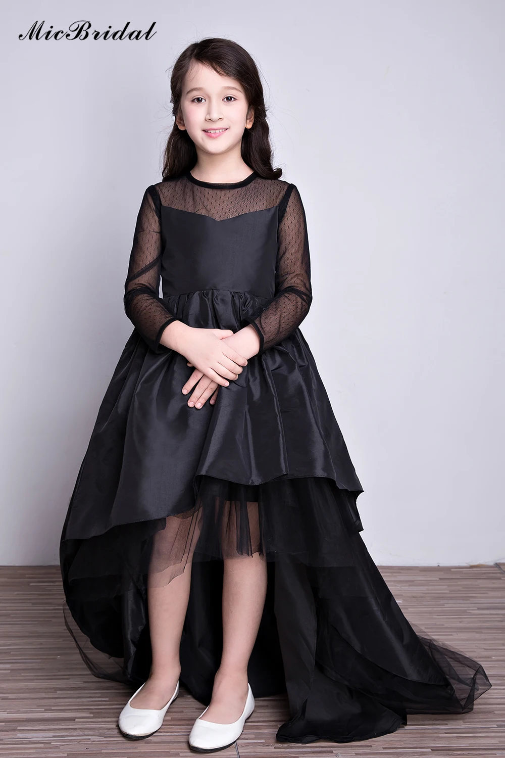 Micbridal Girls' Long Sleeves Satin Material Buttons&ampBow Embellished Back High-Low Sweep Train Prom Dress Evening Gown | Свадьбы и