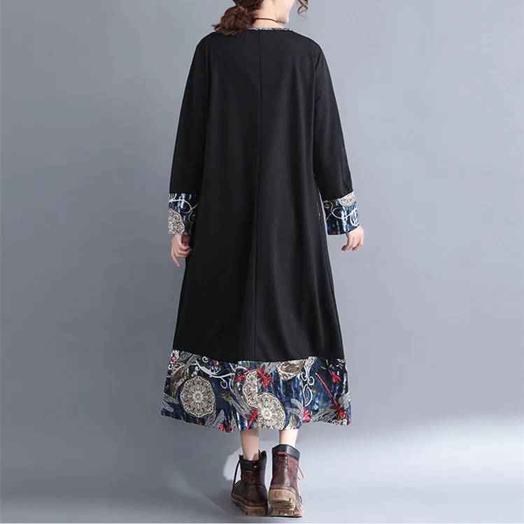 MIWIMD Hot Sale 2018 New Fashion Women Autumn Winter Casual Loose Cotton Linen Long Sleeve Stitching Print Dresses Big Size | Женская