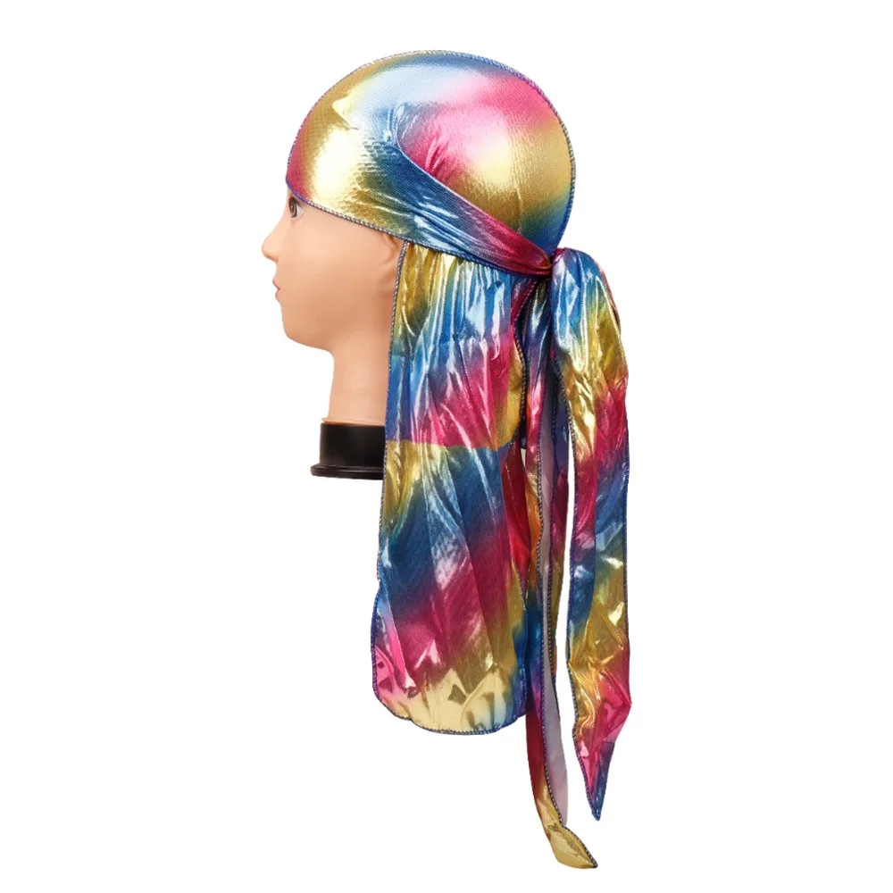 Унисекс красочные лазерные шелковистые парики хип-хоп ДУ Rag Headwrap тюрбан пиратская шляпа Универсальный Длинный хвост аксессуары для волос для женщин леди