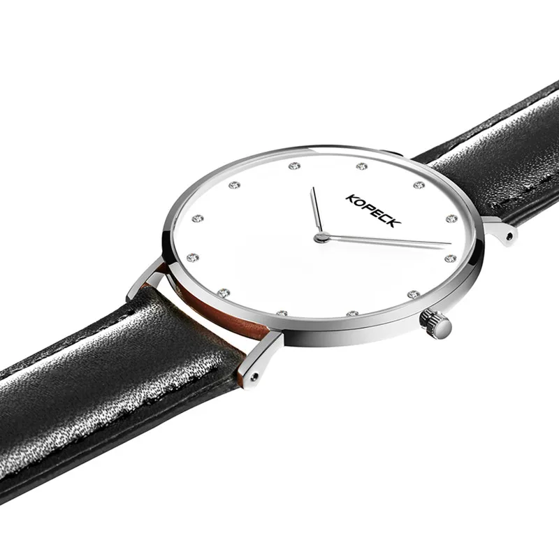 Женские кварцевые часы с кожаным ремешком супертонкие белым циферблатом 6 мм|watch