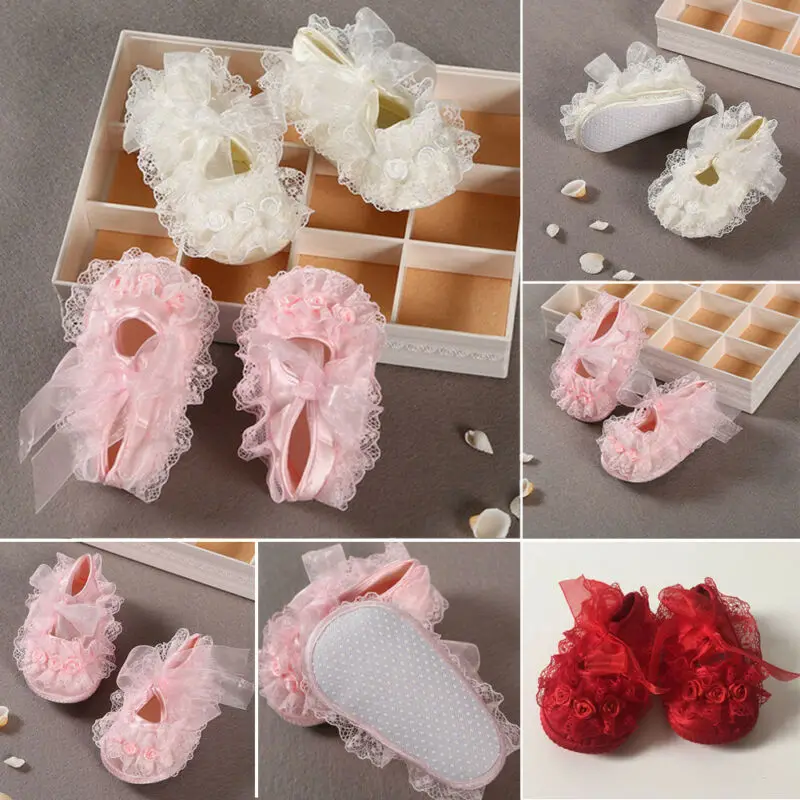 

PUDCOCO Newborn Baby Girl Pink Soft Cloth Flower Crib Shoes Bow Anti-Slip Prewalker Shoes