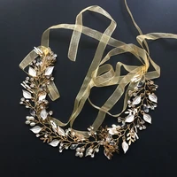 slbridal ribbon handmade crystal pearls flower leaf wedding tiara hair vine bridal headband hair accessories bridesmaids jewelry