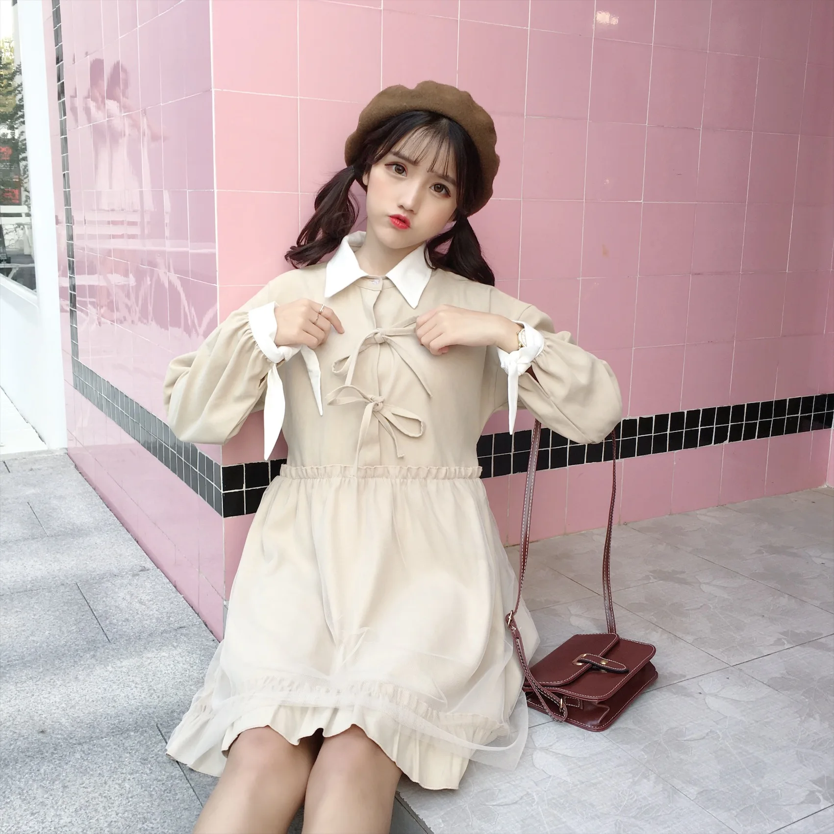 Японское весенне осеннее женское милое платье с отложным воротником шнуровка на