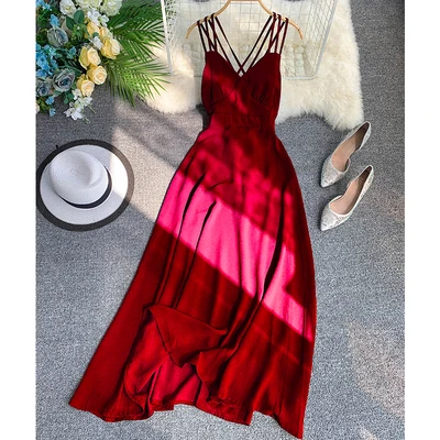 Красный Young Gee Boho женское повседневное летнее вечернее праздничное платье с открытой спинкой пляжное платье без рукавов сексуальное с v-образным вырезом Спагетти ремень Длинные платья макси - Цвет: Красный