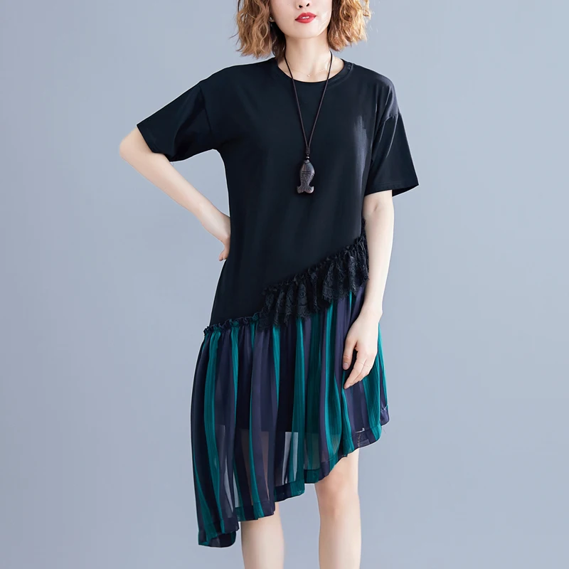 2019 Летняя мода уличная цвета контраст оборки асимметричное Повседневное платье