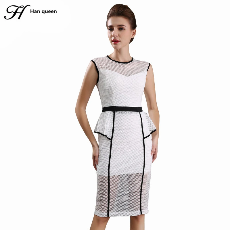 H Han Queen Mesh Dresses Women Sleeveless Hollow Out Perspective Slim Bodycon Sheath Pencil Work Casual Party Dress Vestidos | Женская
