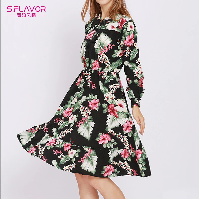 S. FLAVOR весеннее платье с цветочным принтом женское элегантное длинным рукавом и О