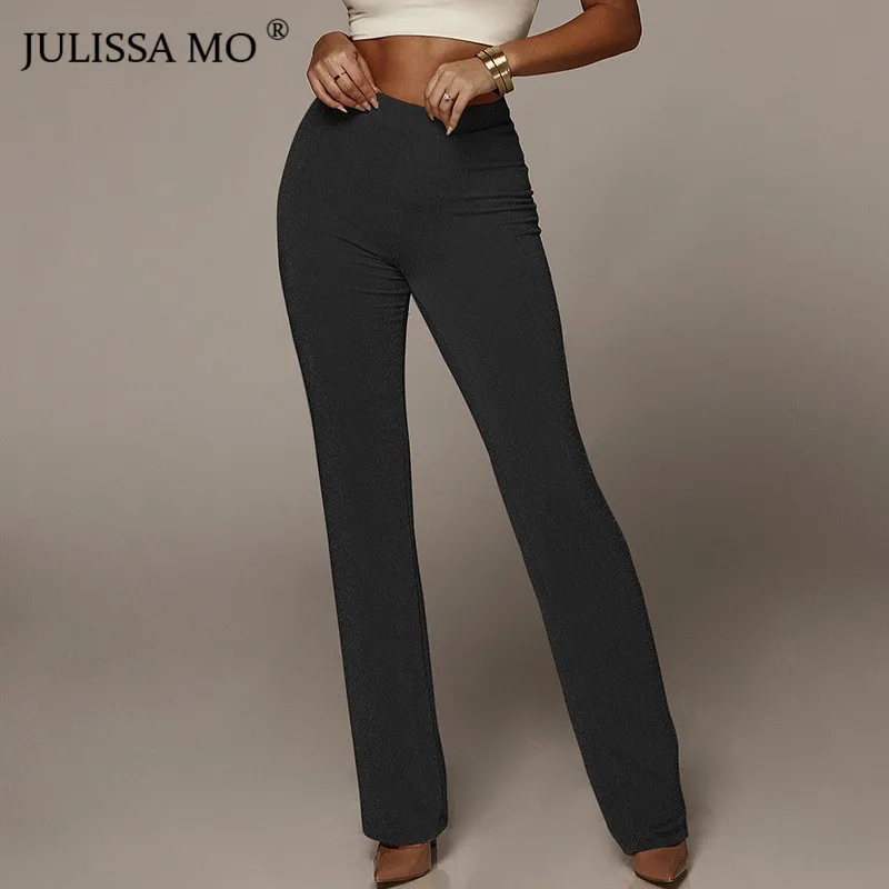 Julissa mo, однотонные, с высокой талией, широкие брюки, женские, Осенние, сексуальные, вечерние, Клубные, расклешенные штаны, повседневные, с эластичной талией, брюки, Pantalones