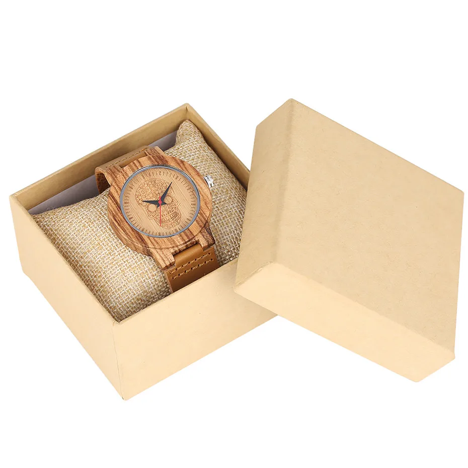 with box Бамбуковые кварцевые часы наручные часы с ремешком из натуральной кожи с гравировкой головы черепа женские часы природа деревянные женские часы Лучшие подарки пункт - Цвет: with box