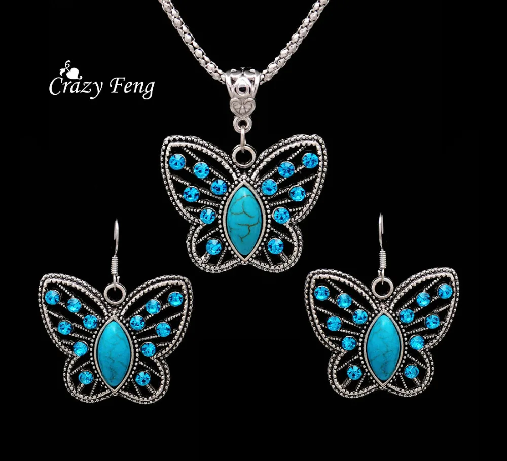 Женский набор украшений ожерелье серьги и кулон в виде бабочки с овальным