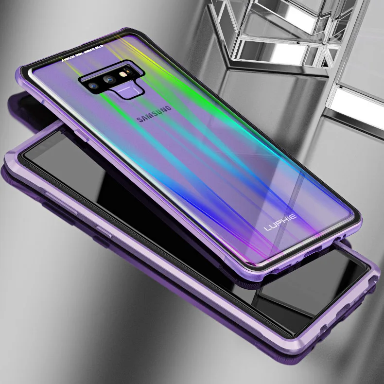 Purple Black LUPHIE для samsung примечание 9 чехол Роскошные Жесткий магнитного металла Алюминий сплав прозрачный Стекло противоударный Броня чехол для телефона 6,4 - Цвет: Purple Black