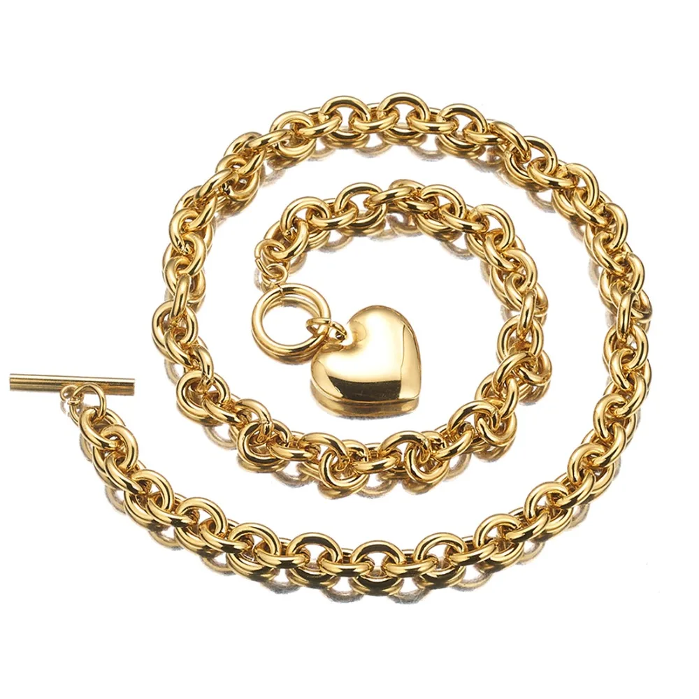 8mm Fashion Womens Girl Stainless Steel Gold Rolo O Link Chain Charms Heart Pendant Necklace And Bracelet Jewelry Sets Wholesale | Украшения