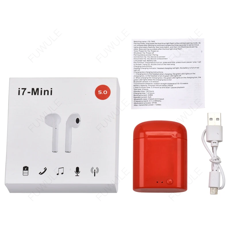 Red Original Box I7 Mini TWS, беспроводные Bluetooth 5,0 наушники, всплывающие двойные наушники с зарядным устройством, микрофон, Спортивная гарнитура для телефона xiaomi huawei - Цвет: Red Original Box