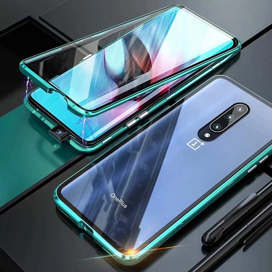 Green 360 oneplus7P Встроенный металлический чехол с магнитной адсорбцией для Oneplus One Plus7 Pro Роскошный 360 Полное покрытие переднее заднее стекло двойная защита экрана - Цвет: Green 360 oneplus7P