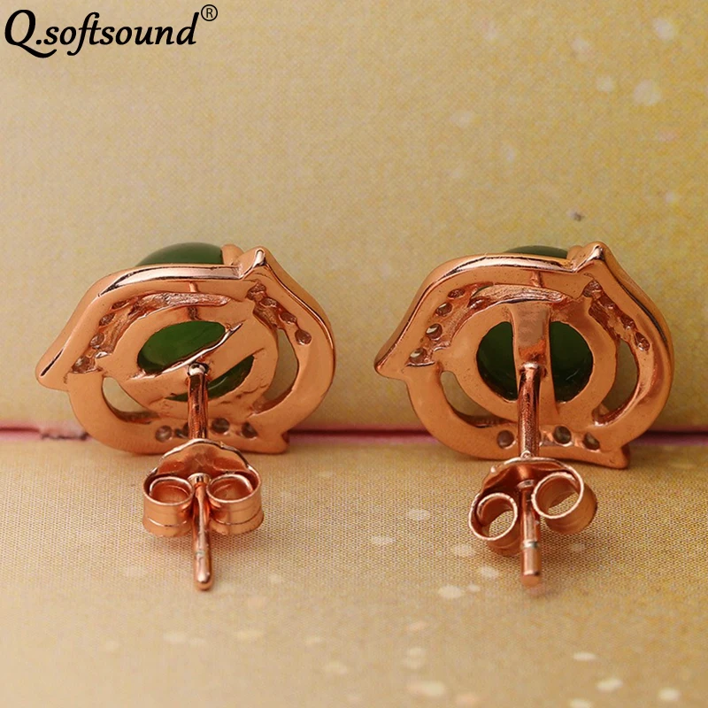 Женские серьги гвоздики с бусинами Chrysoprase белое золото/розовый золотой цвет