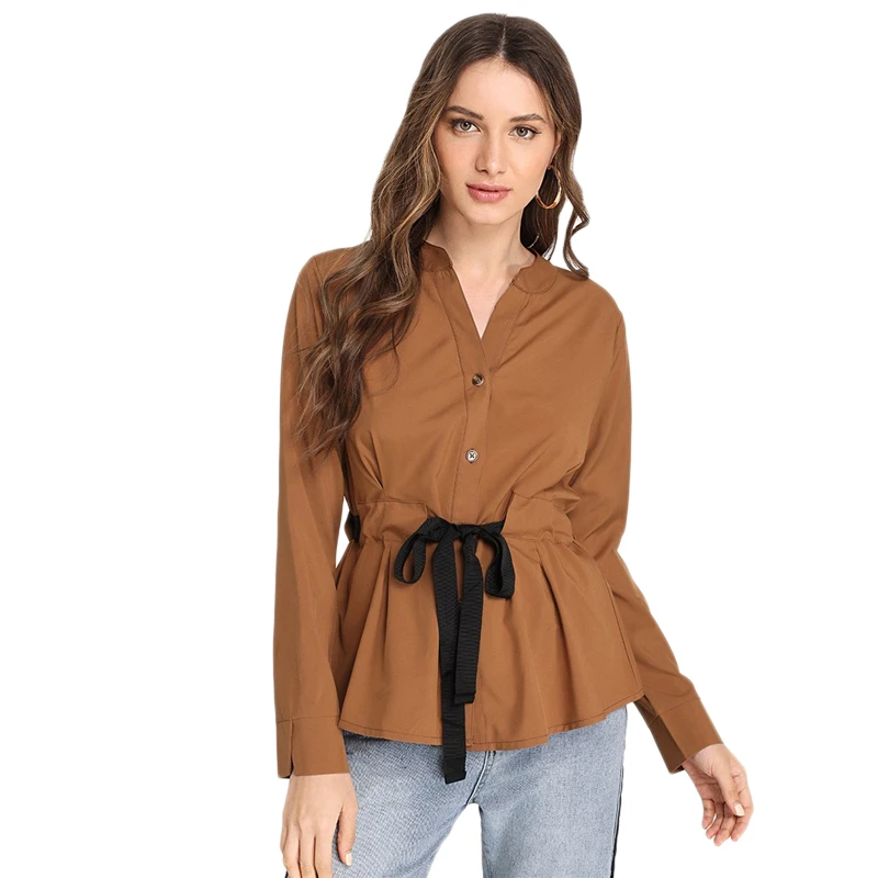 Dotfashion Camel, Женская однотонная блузка с завязками на талии, топы и блузки с длинным рукавом, v-образный вырез,, осенняя одежда, рубашка с планкой
