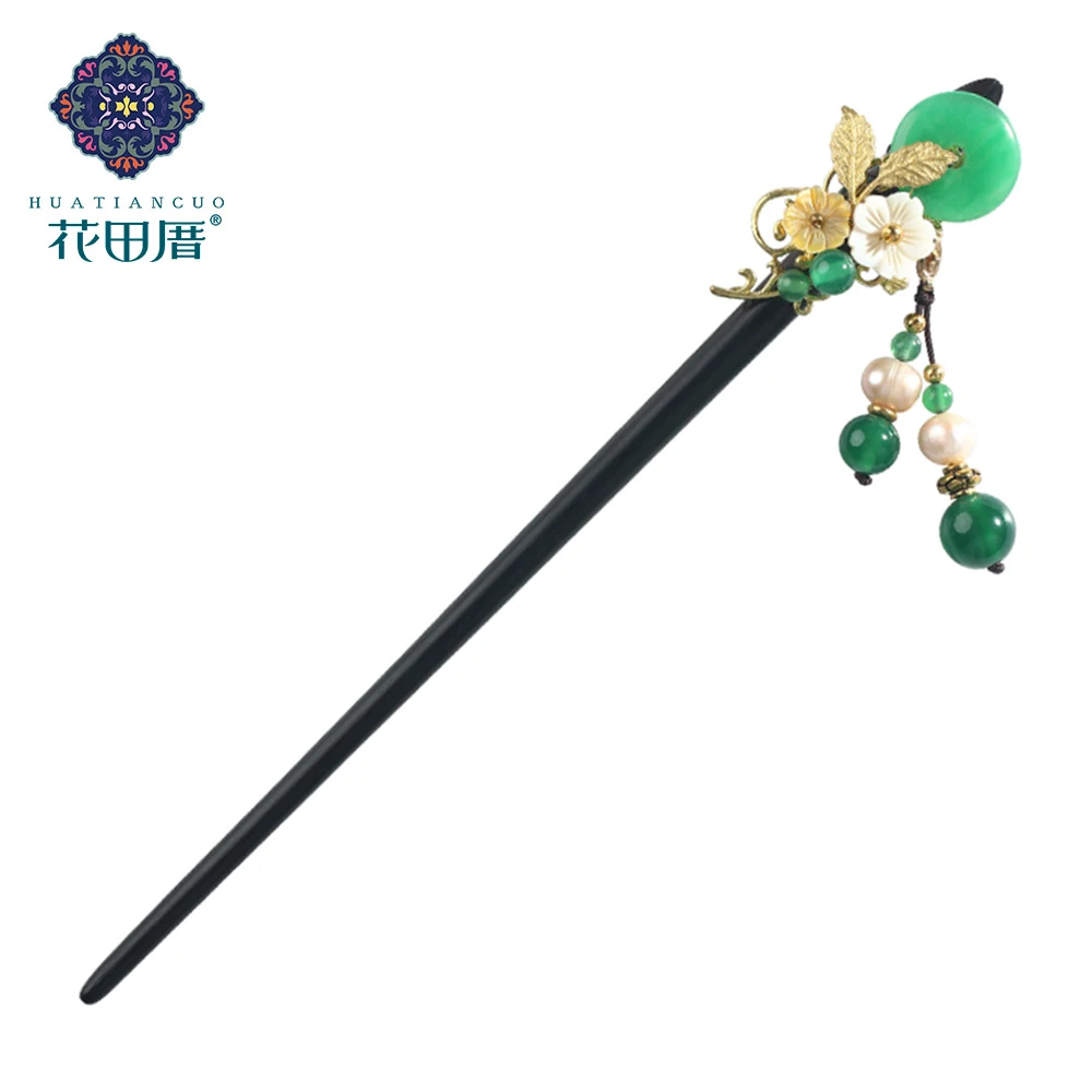 

Ethnic Handmade Tassel Pendant Black And Ebony Bead Round J ade Shell Flower Copper Leaves Woman Jewelry Hair Sticks FZ-18015