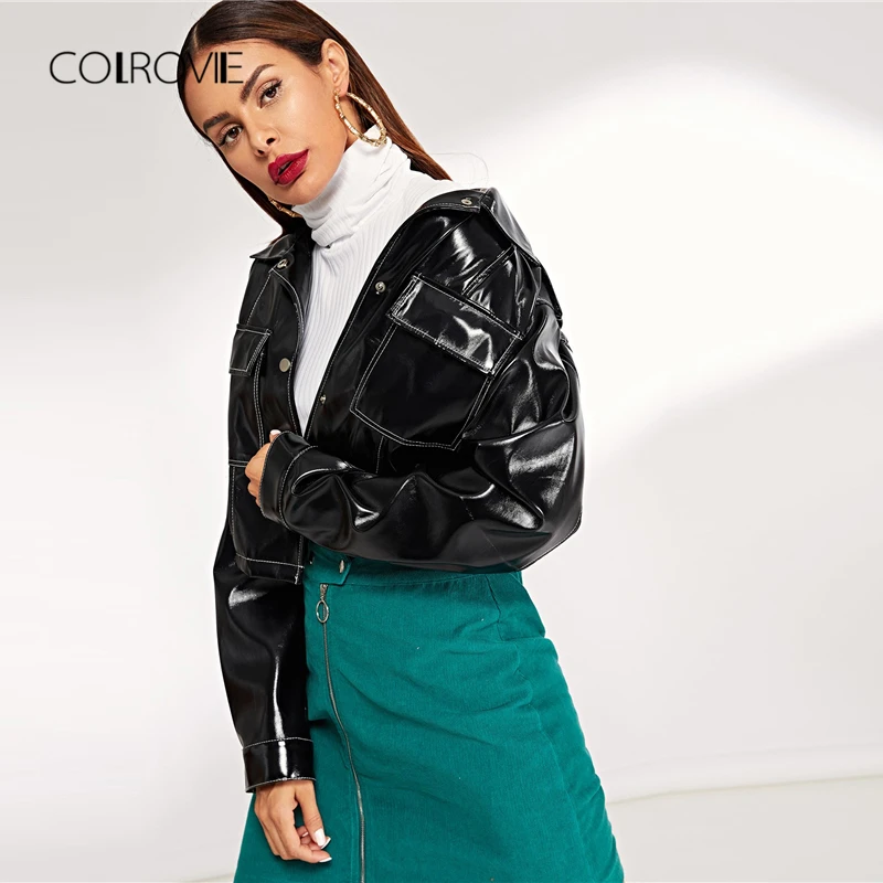 COLROVIE черная однотонная винтажная укороченная кожаная куртка на пуговицах с карманом, женская одежда, осень, уличная женская верхняя одежда