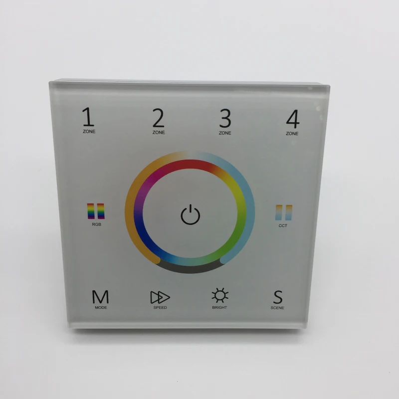 Цветная(RGB+ CCT Панель 4 зоны 1-5color в одном стекла сенсорный Панель цветовое колесо Ac inut DMX512 и RF2.4g singal Панель управления T15