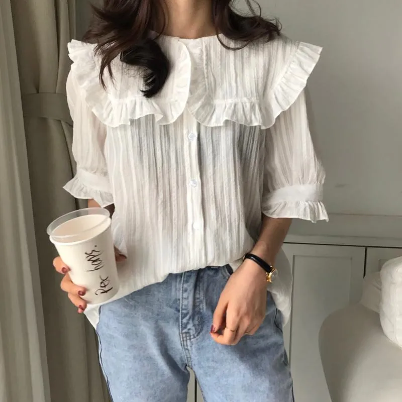 Женская офисная блузка Hzirip однотонная с коротким рукавом и воротником Питер Пэн