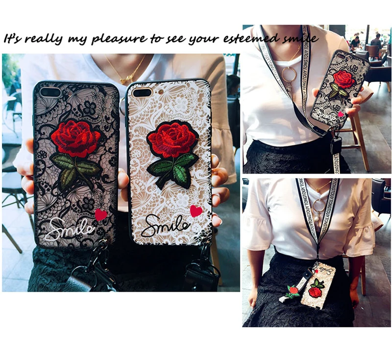 Красивый модный сексуальный 3D чехол с цветком розы для iPhone 6 6s 7 8 Plus X женский кружевной задний Чехол чехол для iPhone 5 5S SE с ремешком