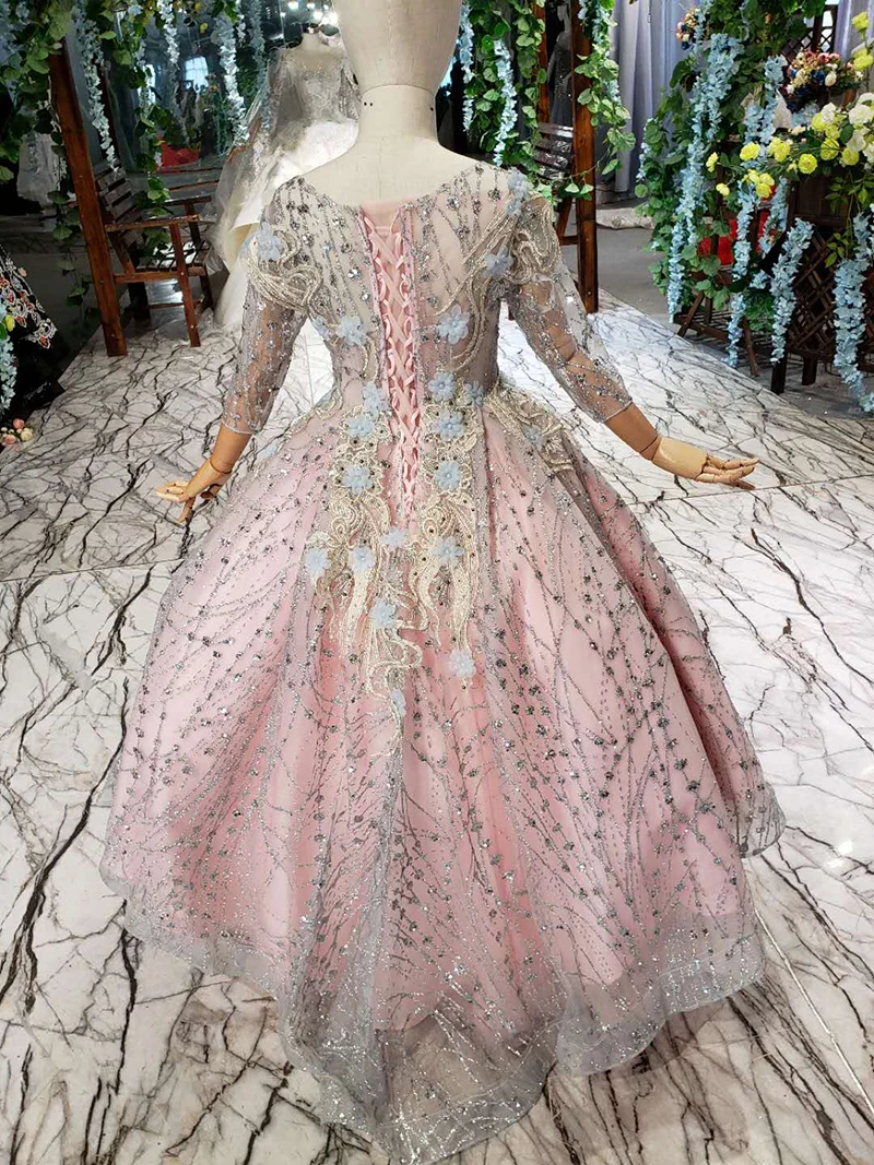 LSS517t розовые пышные платья для девочек с круглым вырезом, фатиновые рукава, платье с цветочным рисунком вечернее платье с бисером для девочек primera comunion decoracion