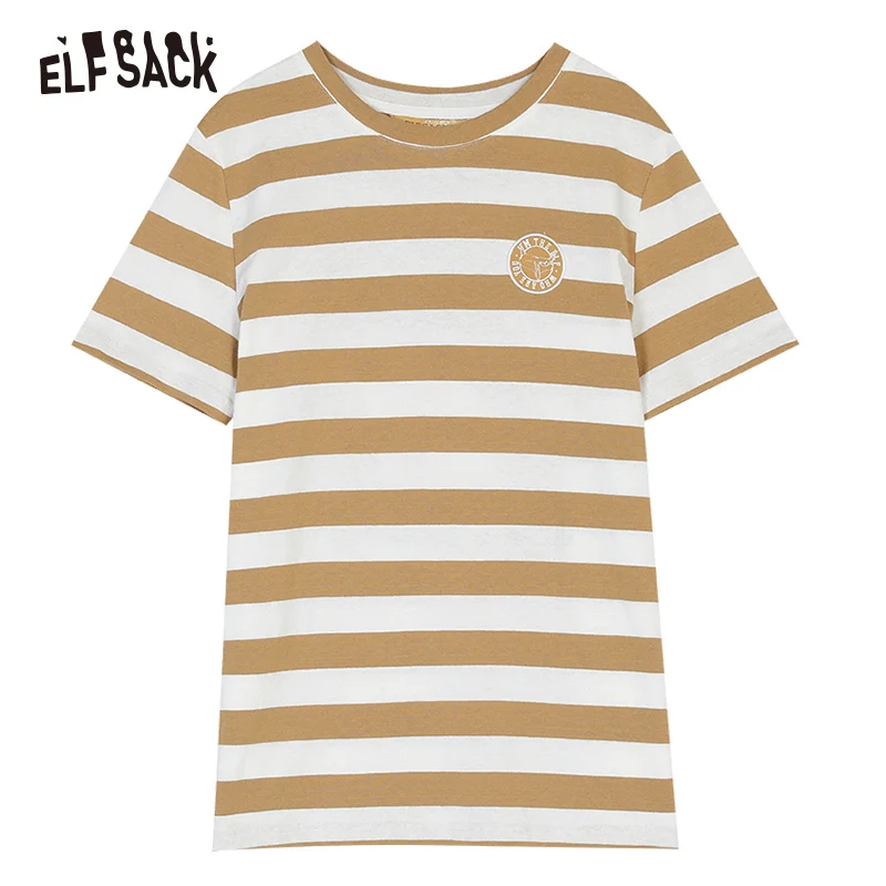Brown ELFSACK Хлопковая женская футболка в полоску цвета хаки, модная Милая женская футболка с вышитыми буквами, летний уличный сверхразмерный Топ - Цвет: Brown