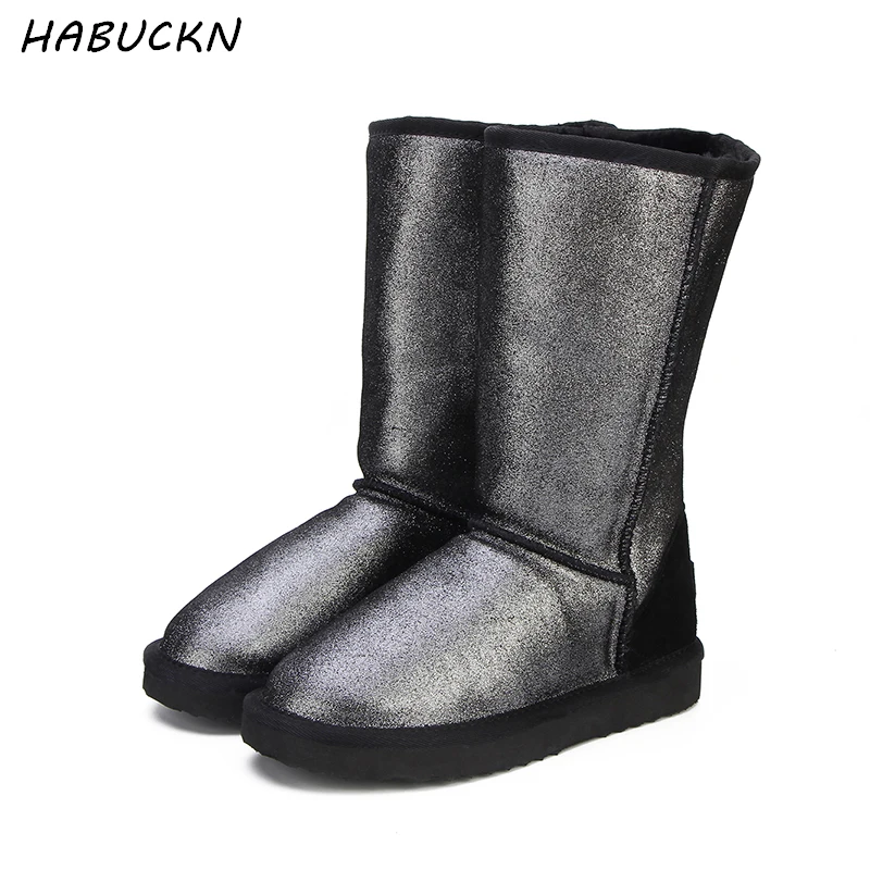 HABUCKN/высококачественные женские зимние сапоги из натуральной кожи; водонепроницаемые высокие зимние сапоги; теплые женские высокие сапоги; американские размеры 3-13