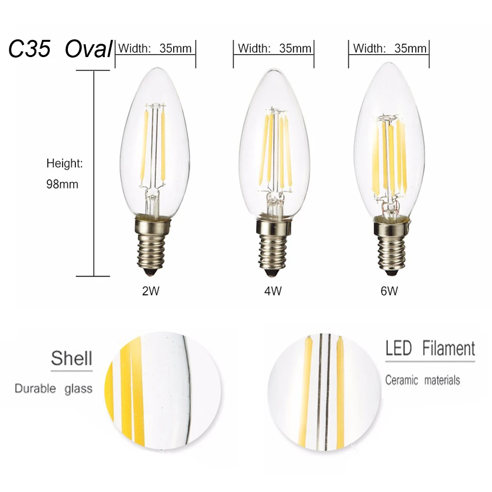 Удара E12 E14 E27 светодиодный свечки C35 свет 2 W/4 W/6 W теплый/холодный белый Ретро лампа накаливания лампы 110 V/220 V для люстры