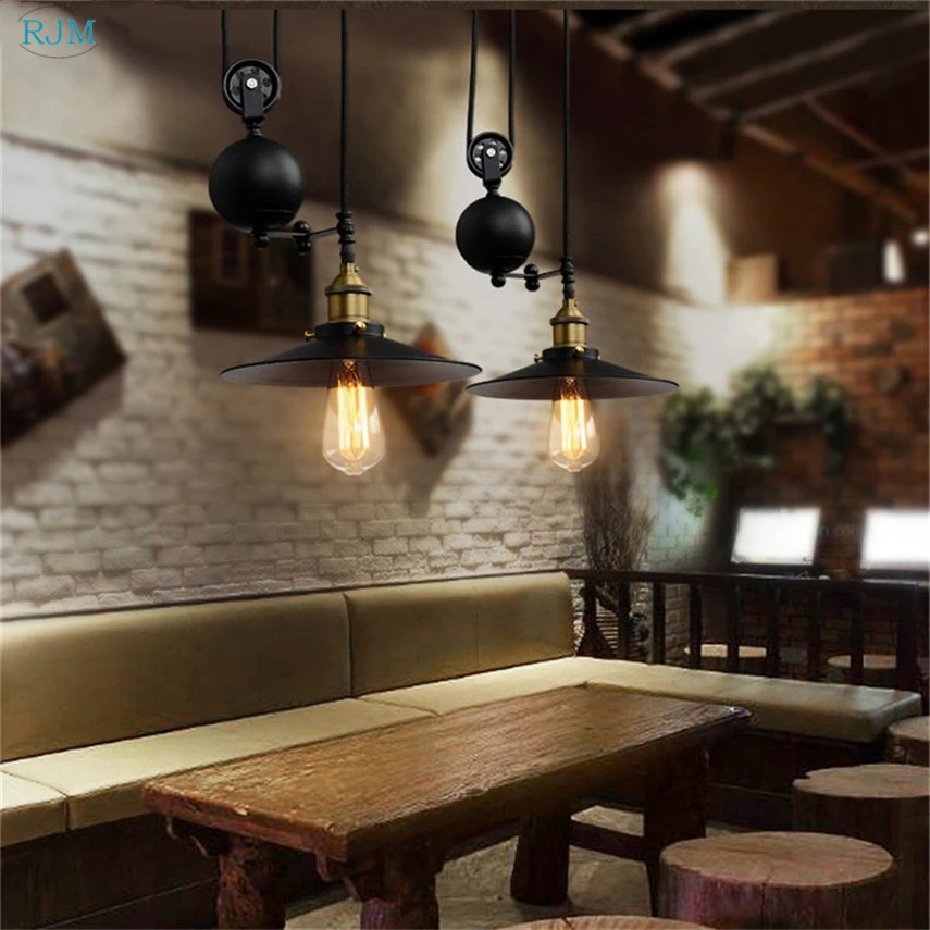 Beste Vintage Loft Metalen Katrol Hanglampen Eenvoudige Zwarte Iron Hanger Lampen Voor Restaurant Cafe Bar Kleding Winkel Verlichting Decor