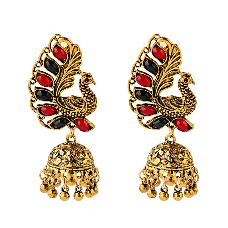 Индийские ювелирные изделия Jhumka Jhumki из золота в виде этнического павлина, серьги для женщин в винтажном стиле с черными бусинами, висячие серьги с кисточками, ювелирные изделия