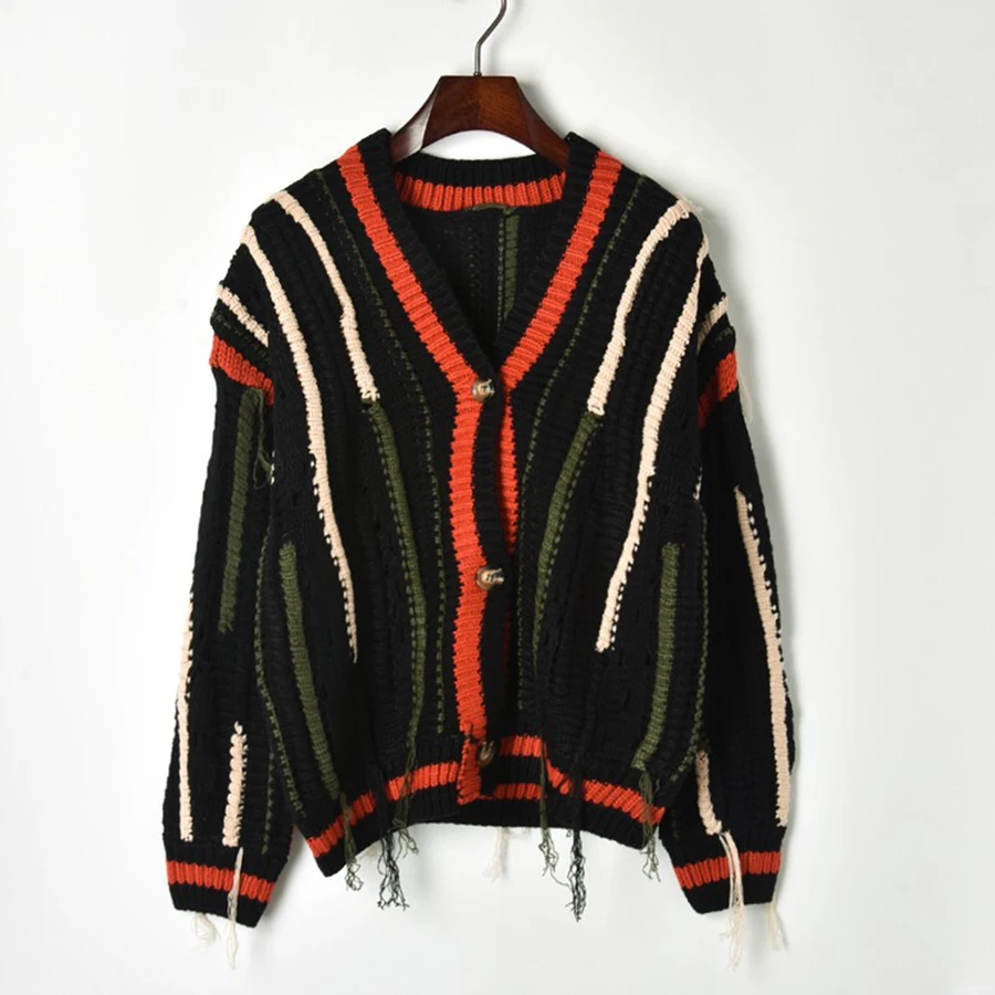 2018 Lazy Style Striped Fall Sweaters Women Hit Color Hollow Out Tassel V-neck Single Breasted Winter Cardigans Knit Sweater |