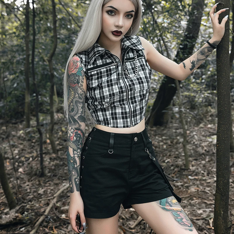 Gothic Chic Sexy Crop Tops Women T-shirt White Black Plaid Punk Streetwear Zipper Chain Plaid Female Goth Retro Hi Hop Camis Top