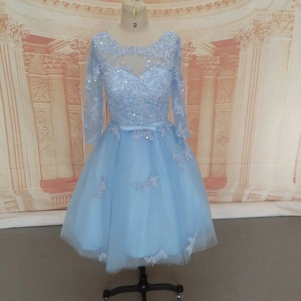 Real Photo YRE24 Robe de Soiree Lace Appliques 3/4 Sleeves Light Blue Short Evening Dress | Свадьбы и торжества