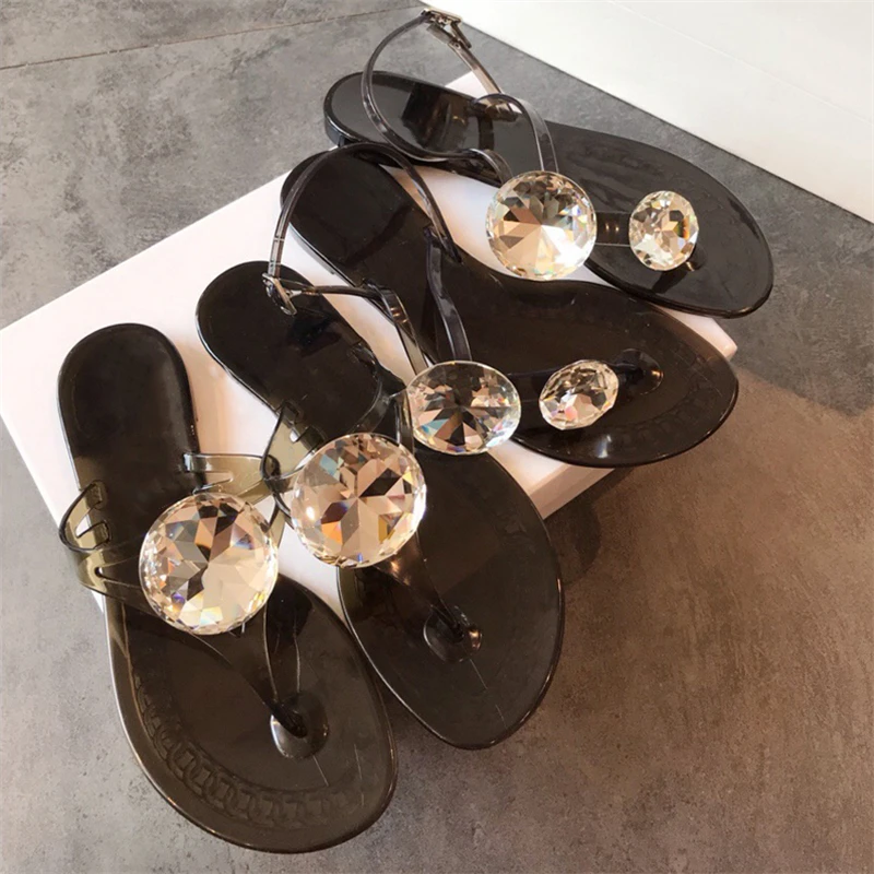Модные прозрачные женские шлепанцы из ПВХ с большими драгоценными камнями