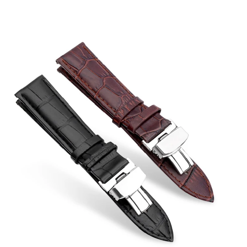 

New High Quality Genuine Leather Watchband With Butterfly Buckle Watches Bands 18mm 20mm 22mm watch strap stainless steel clasp