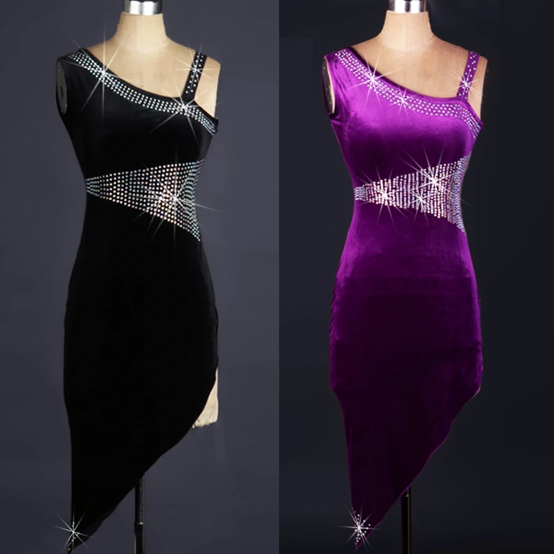 

Latin Dance Dresses For Women Black Latin Dress Purple Velvet Dance Costumes Modern Competition Professional Dance Dress VDB130