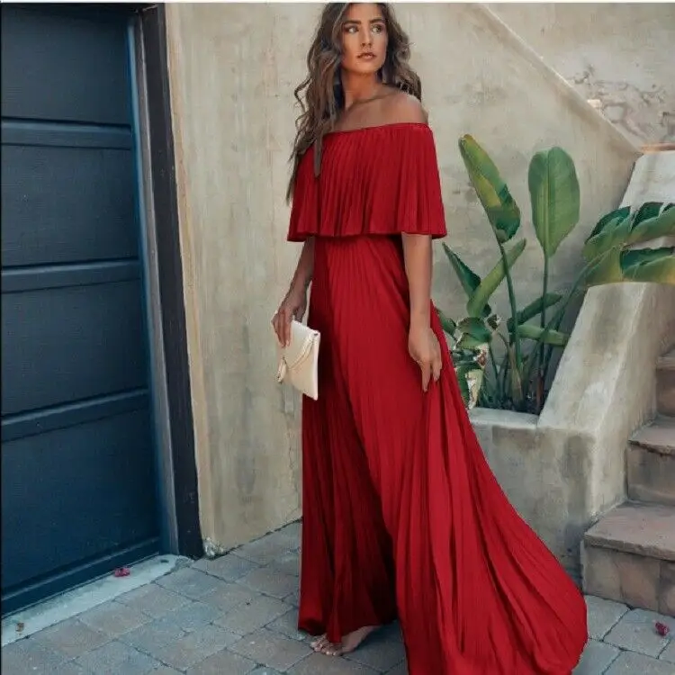 Женское длинное плиссированное платье Boho вечернее пляжное с открытыми плечами