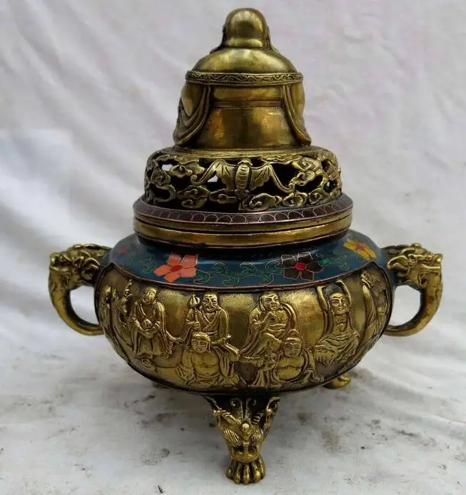 8&quot China bronze Cloisonne Eight Immortals Maitreya Buddha censer Incense burner | Дом и сад