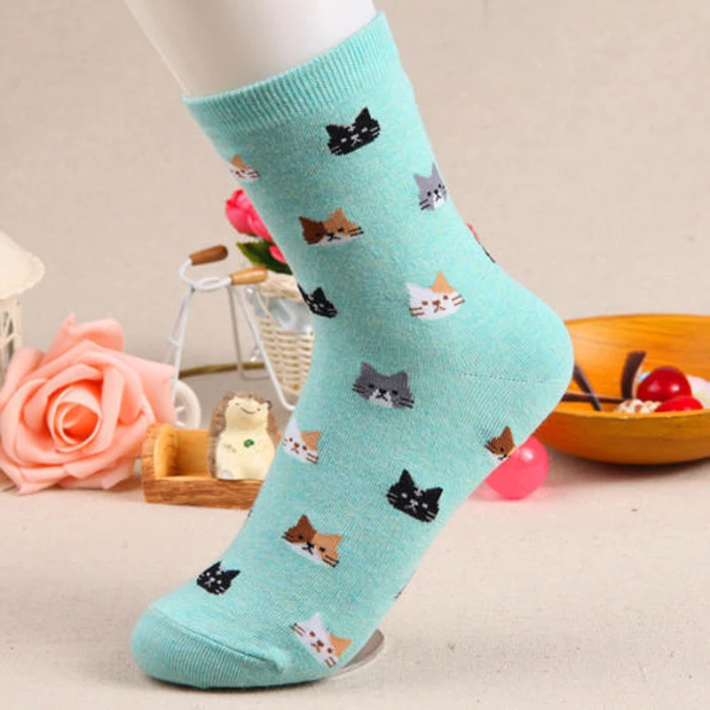 Модные теплые женские носки с милым рисунком кота хлопковые животными из