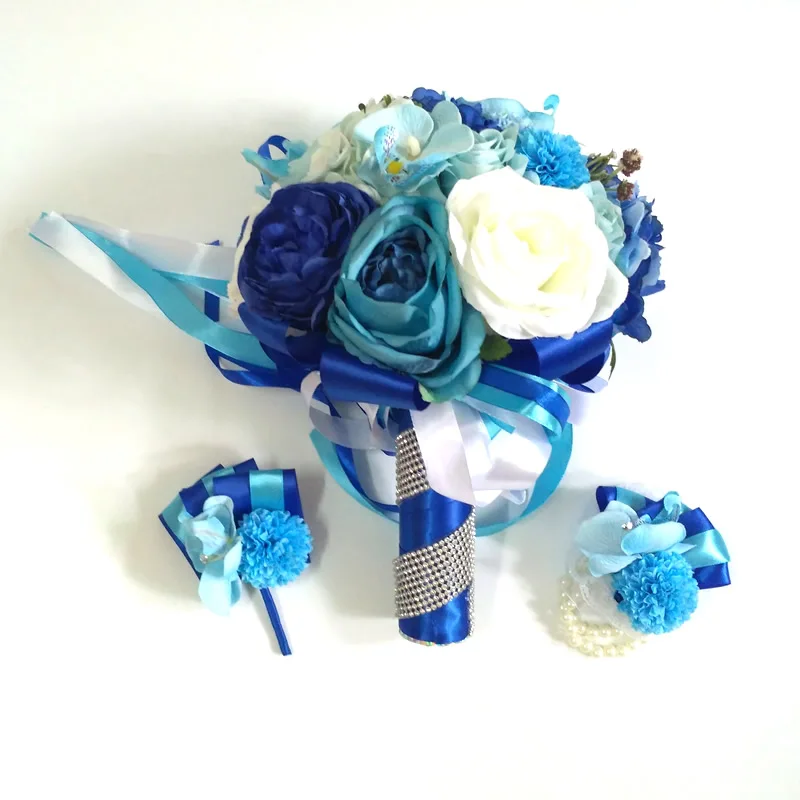 3PCs SET Kyunovia мятный голубой Свадебный букет из искусственного шелка Букет невесты buque de casamento роза букет для свадьбы FE57 - Цвет: 3PCs SET
