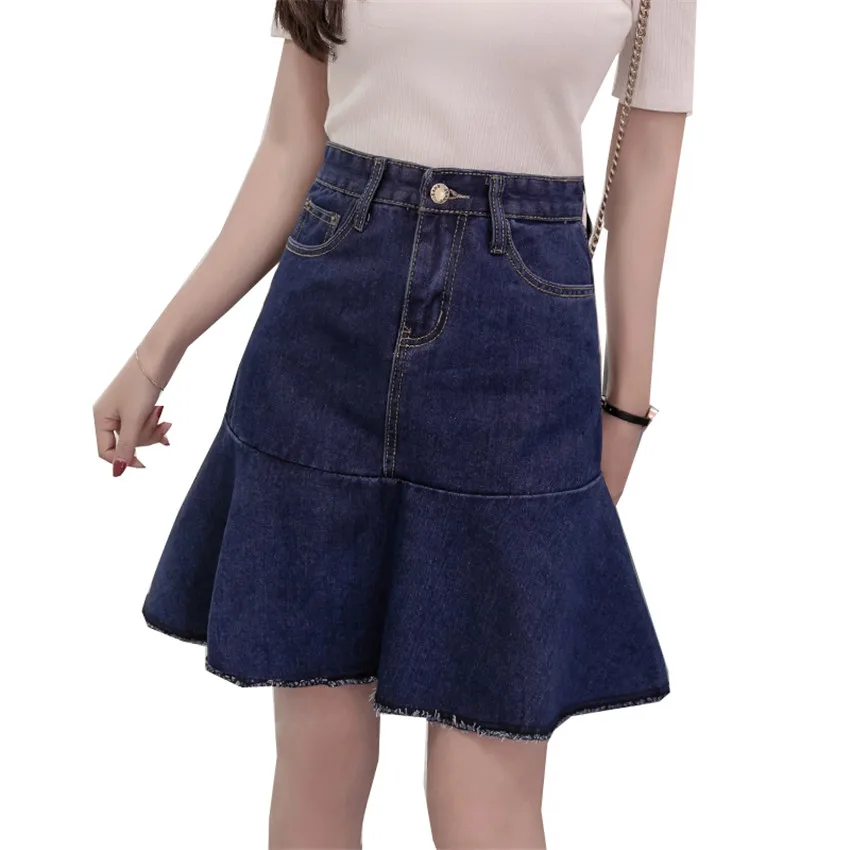 

New Spring Package Hip Women Denim Skirts Big Size High Waist Sexy Ruffles Jeans Skirt Summer Lady A-line Skirt Girl Mini WZ368