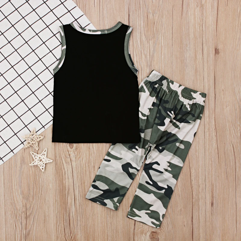 Rorychen Children Baby Boys Clothes 2018 New Summer Black Sleeveless Vest+Camouflage Long Pants 2Pcs Suit Kids | Детская одежда и