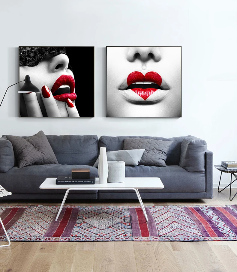 

Black White Modern Sexy Red Lips Heart Posters And Prints Nordic Canvas Painting For Living Room Decorations No Framed Wall Art