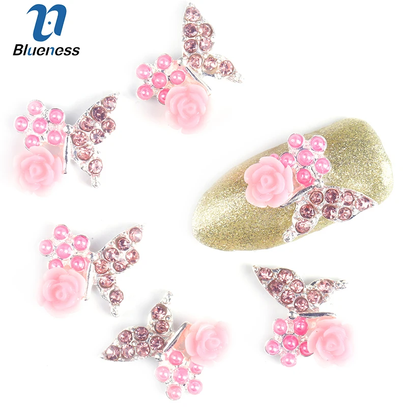 Блестящие 10 шт Стразы бабочки 3d украшения для дизайна ногтей с розой сплав