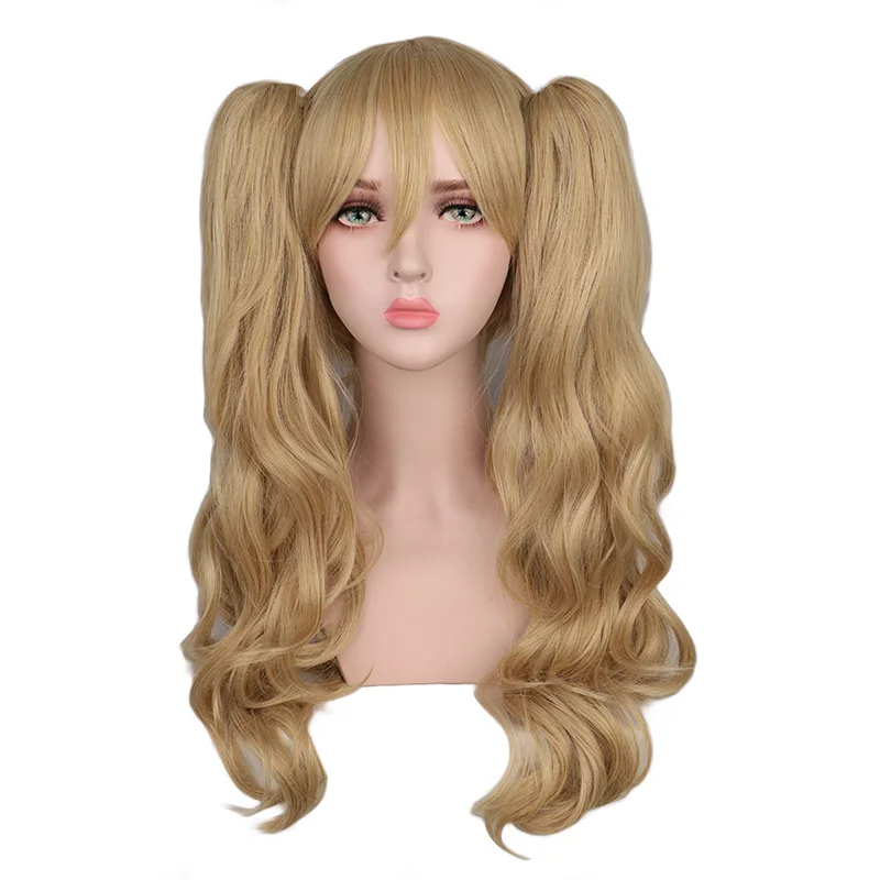 

QQXCAIW Long Wavy Cosplay Mixed Blonde With 2 Ponytails 50 Cm Synthetic Hair Wigs