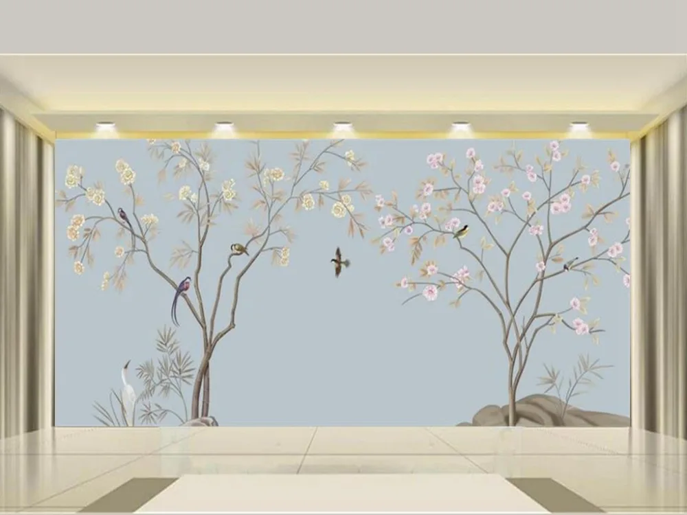 3d фото обои на заказ комната Фреска маленькие свежие цветы птицы украшение