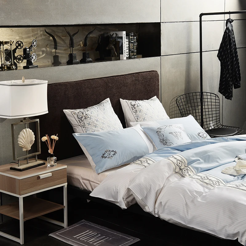 Light Blue Geometric Stripes Printed 4 Piece Bedding Set Egyptian Cotton Satin Business Style Bed Linens Queen King Size | Дом и сад
